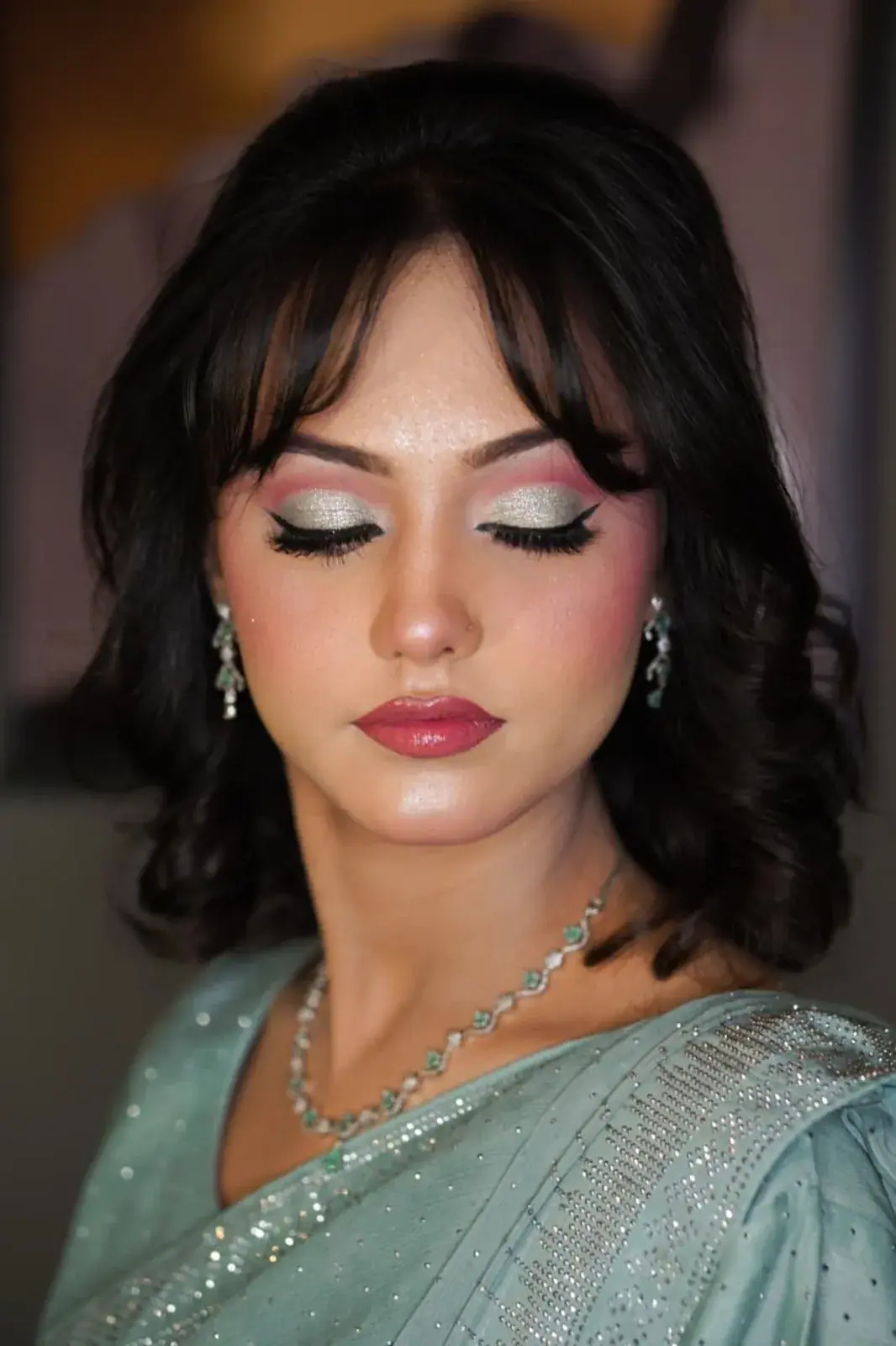 Glitter cut-crease eye makeup with soft curls at House of Salons Bahria Town (Ladies), Bahria Town Phase 7, Rawalpindi