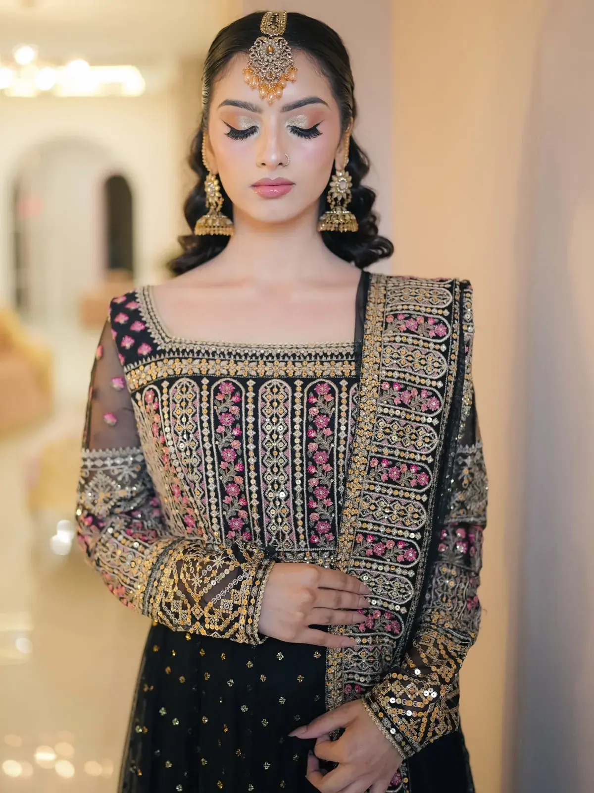 Party makeup with an embroidered black dupatta at House of Salons Civic Centre (Ladies), Civic Centre, Bahria Town Phase 4, Rawalpindi