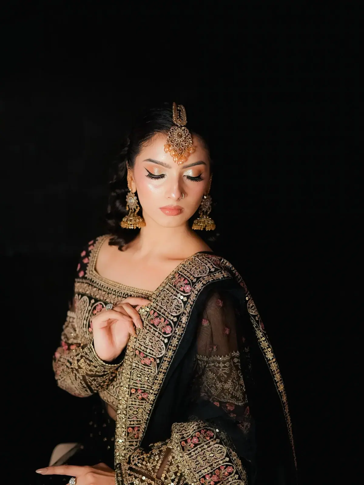 Party makeup with statement jhumkas and maang tikka at House of Salons Civic Centre (Ladies), Civic Centre, Bahria Town Phase 4, Rawalpindi