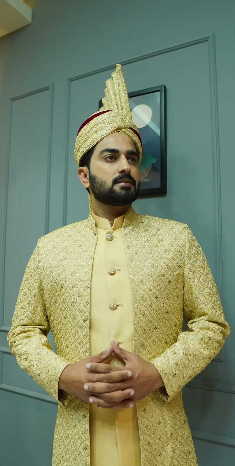 Groom look with a groomed beard, sherwani and turban at House of Salons F-11 (Gents), F-11 Markaz, Islamabad