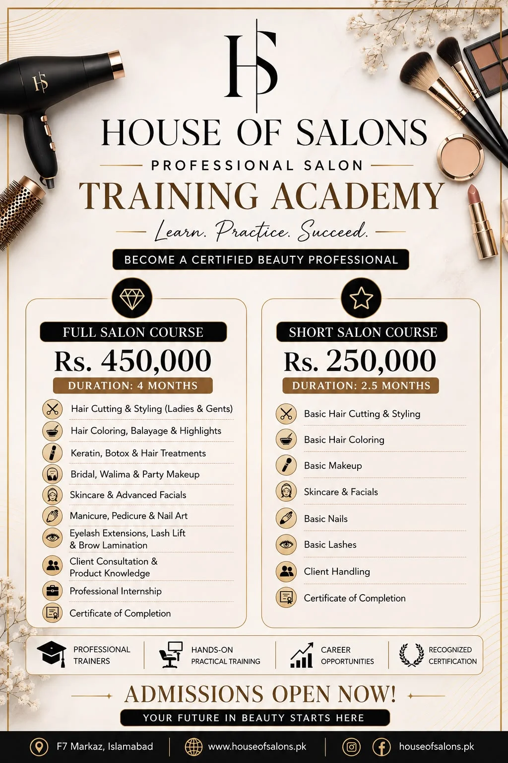 House of Salons Academy admissions poster — Full Salon Course Rs. 450,000 and Short Salon Course Rs. 250,000