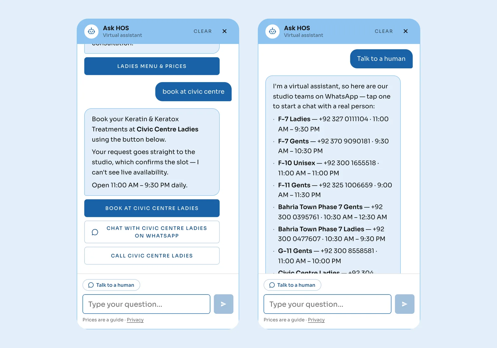 Ask HOS offering a Book at Civic Centre Ladies button, and the Talk to a human list of every studio's WhatsApp number