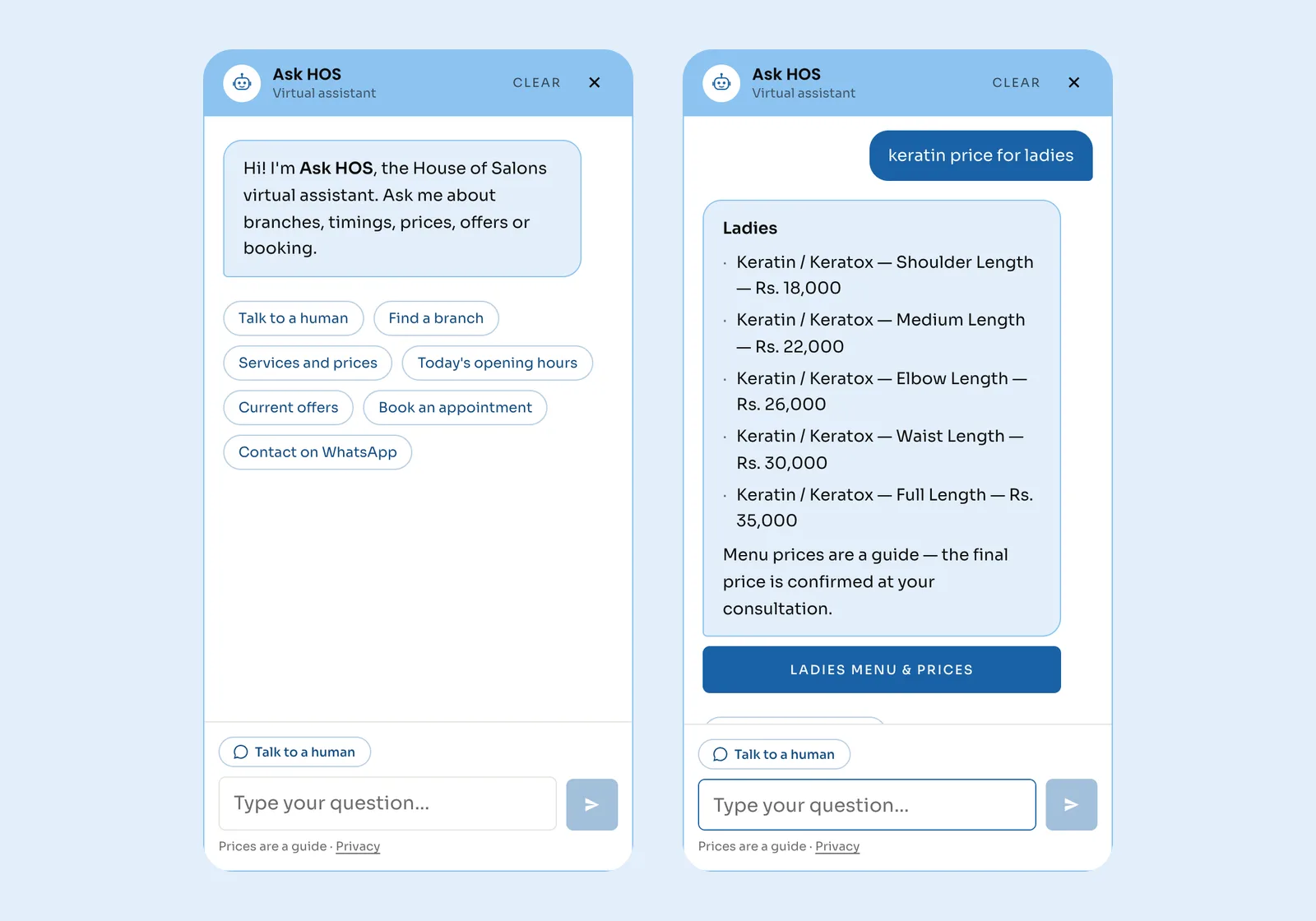 Ask HOS welcome screen with suggested questions, and its answer listing ladies' keratin prices by hair length