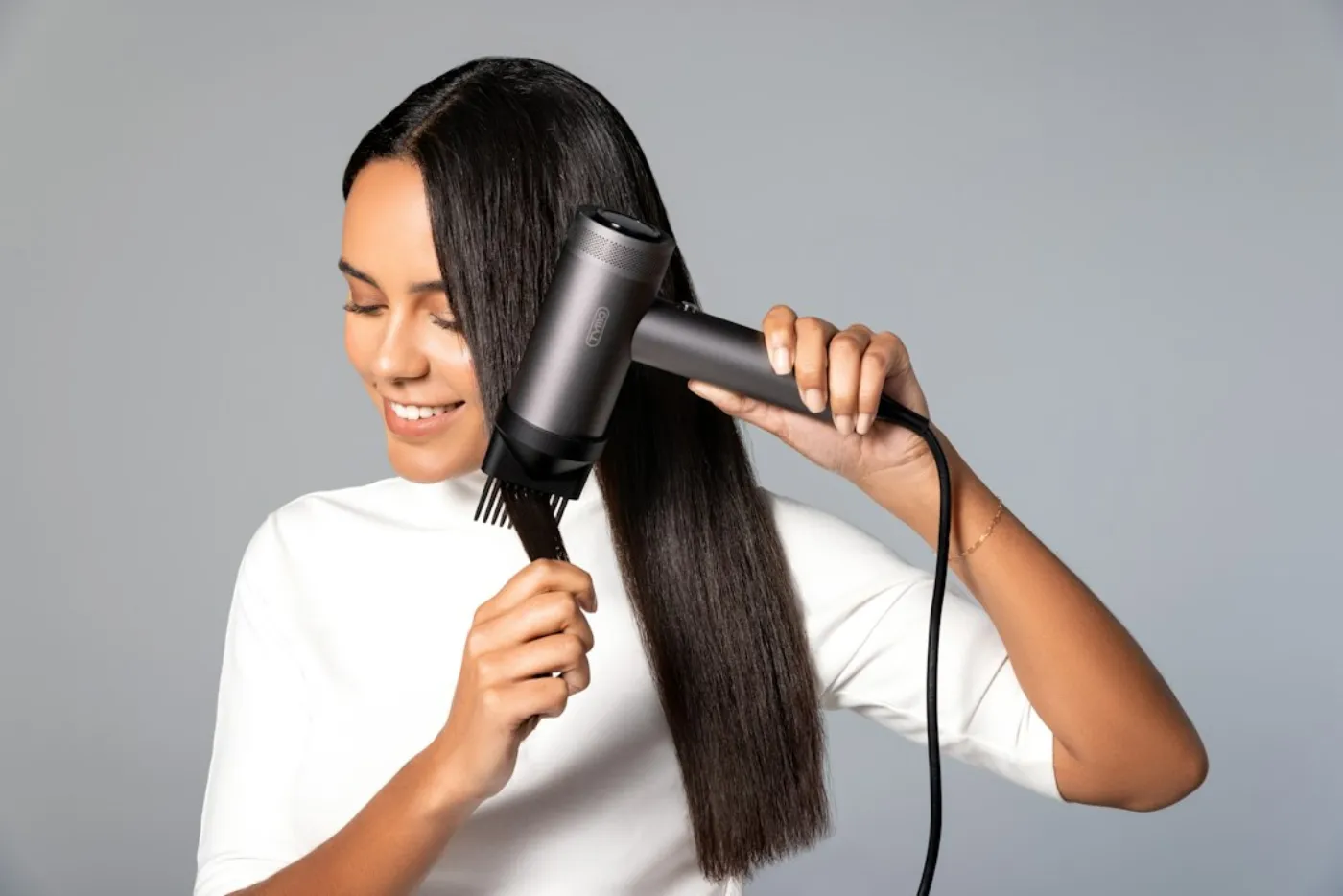 Polished balayage blow dry finish in modern studio