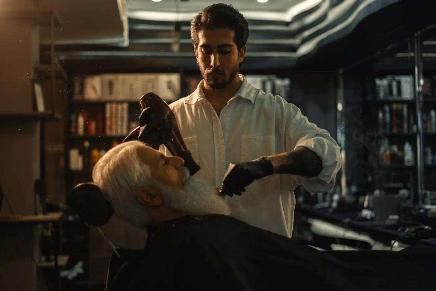 Master barber detailing beard line and grooming for gentleman